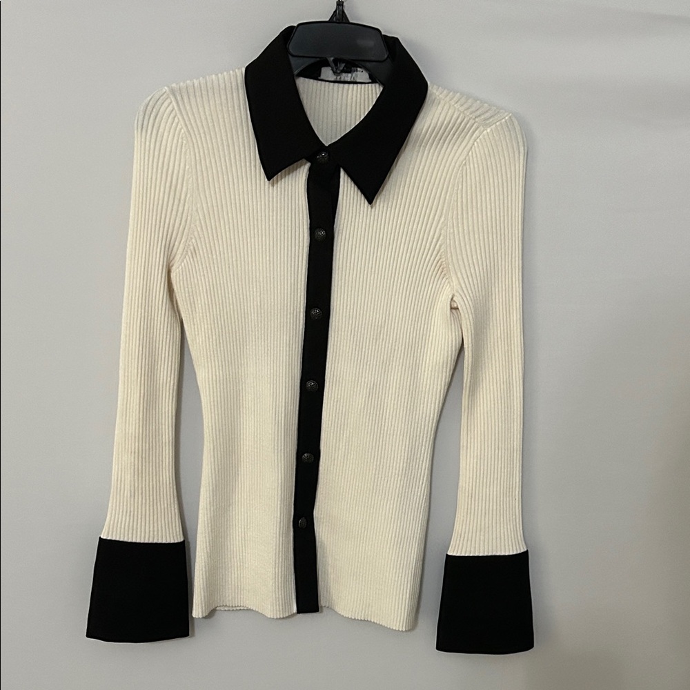 White House Black Market Black and Cream Button Down Shirt